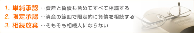 1.単純承認…資産と負債も含めてすべて相続する 2.限定承認…資産の範囲で限定的に負債を相続する 3.相続放棄…そもそも相続人にならない